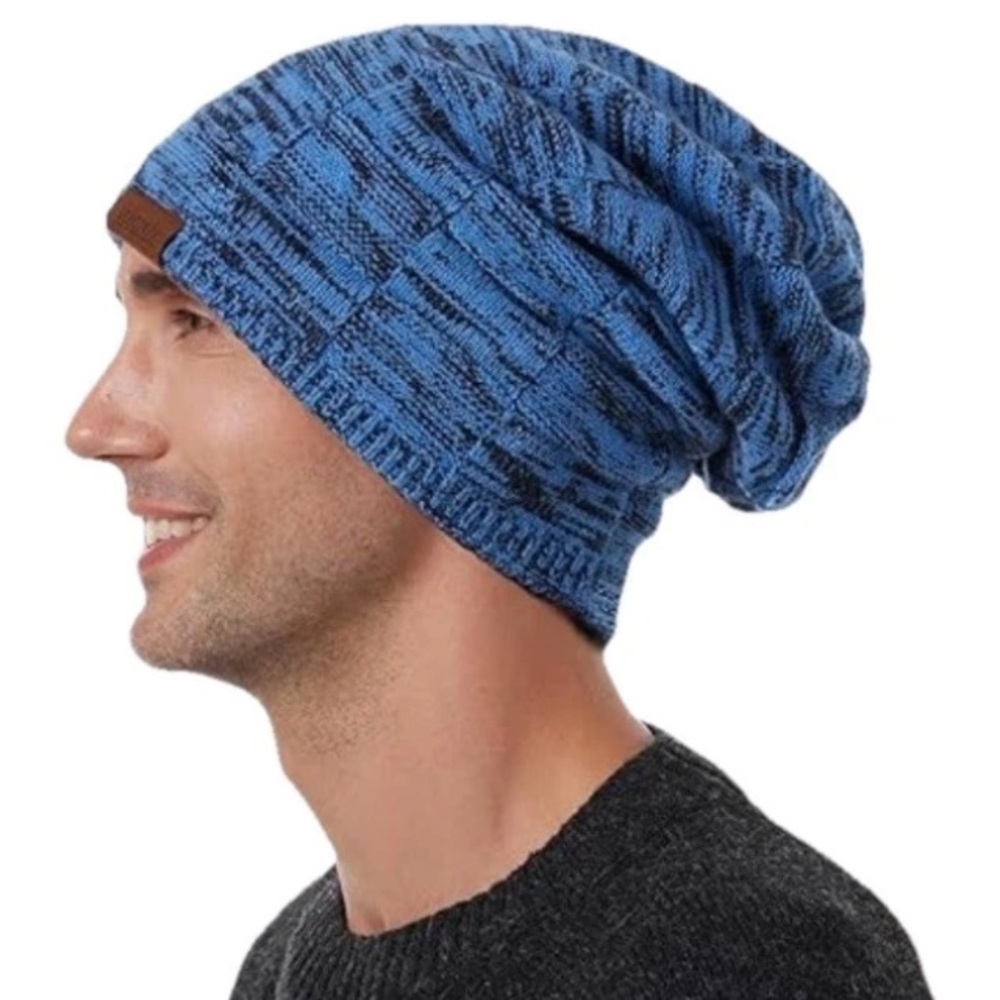 NWT Wool Knit Blend Beanie Hat Sz L Men Women Satin Lined Oversized Slouchy Blue